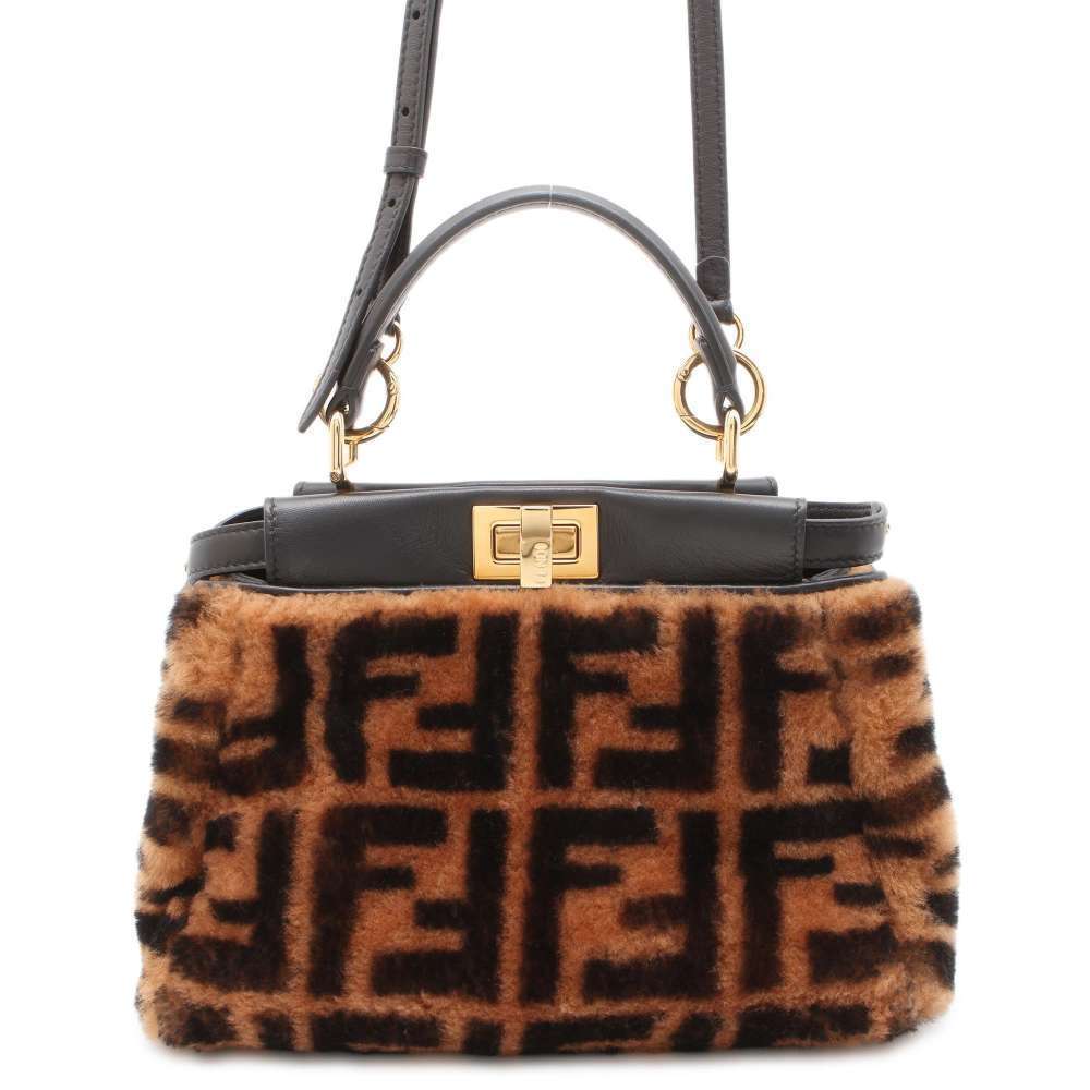 FENDI Handbag Mini Peekaboo Iconic Zucca Mink Fur Shoulder Bag Black